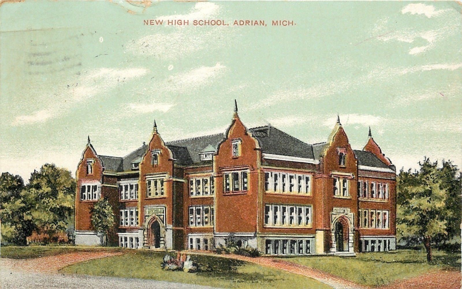 Adrian Michigan~Big Puddle After Rain at New High School~Spanish Revival~c1908