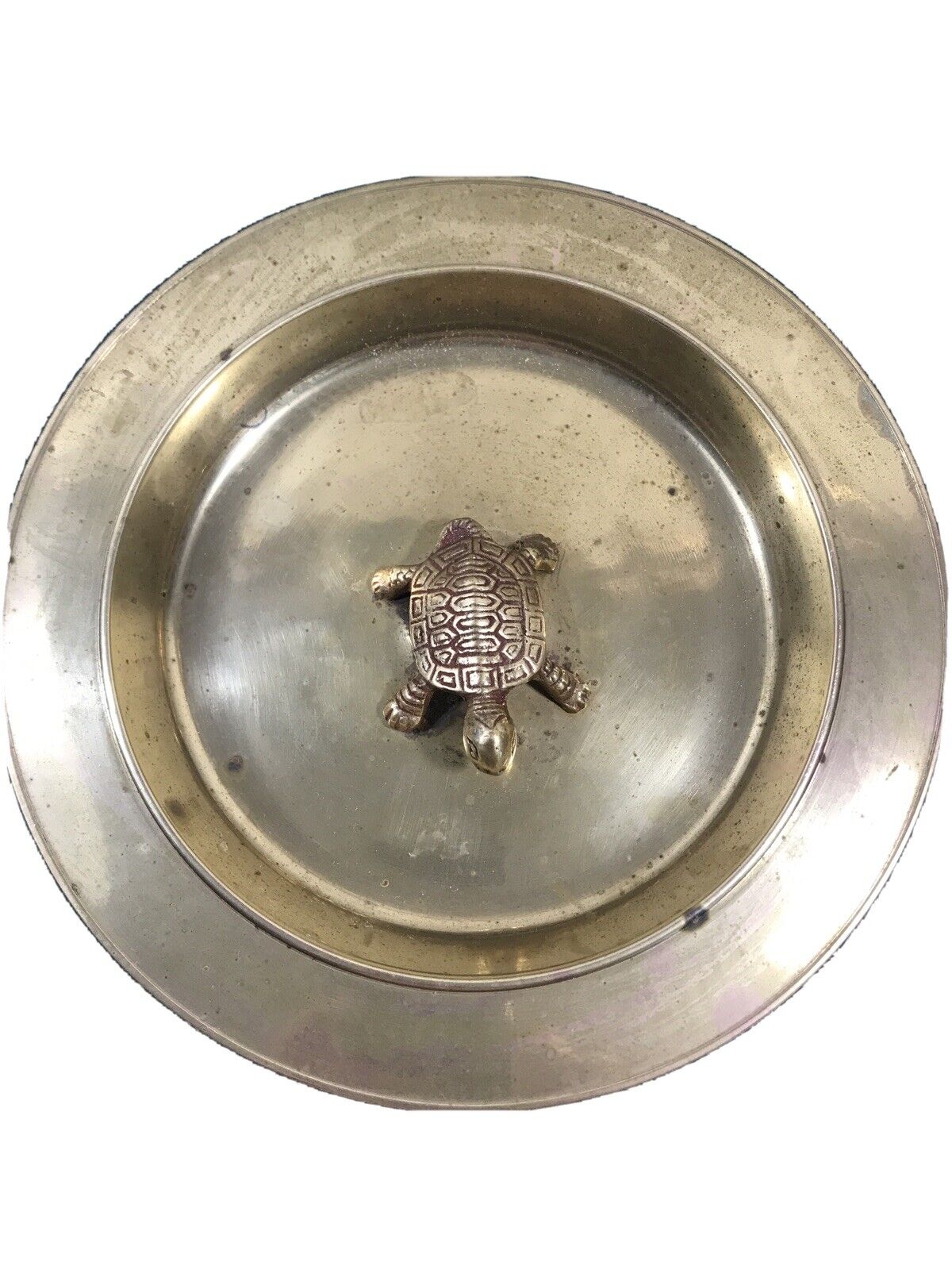 Vtge Hand crafted brass plate with turtle sitting in center Good Luck 1\