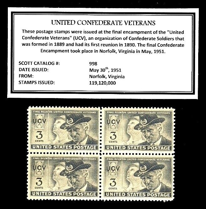1951 - UNITED CONFEDERATE VETERANS (UCV) -Mint Block of 4 Vintage Postage Stamps