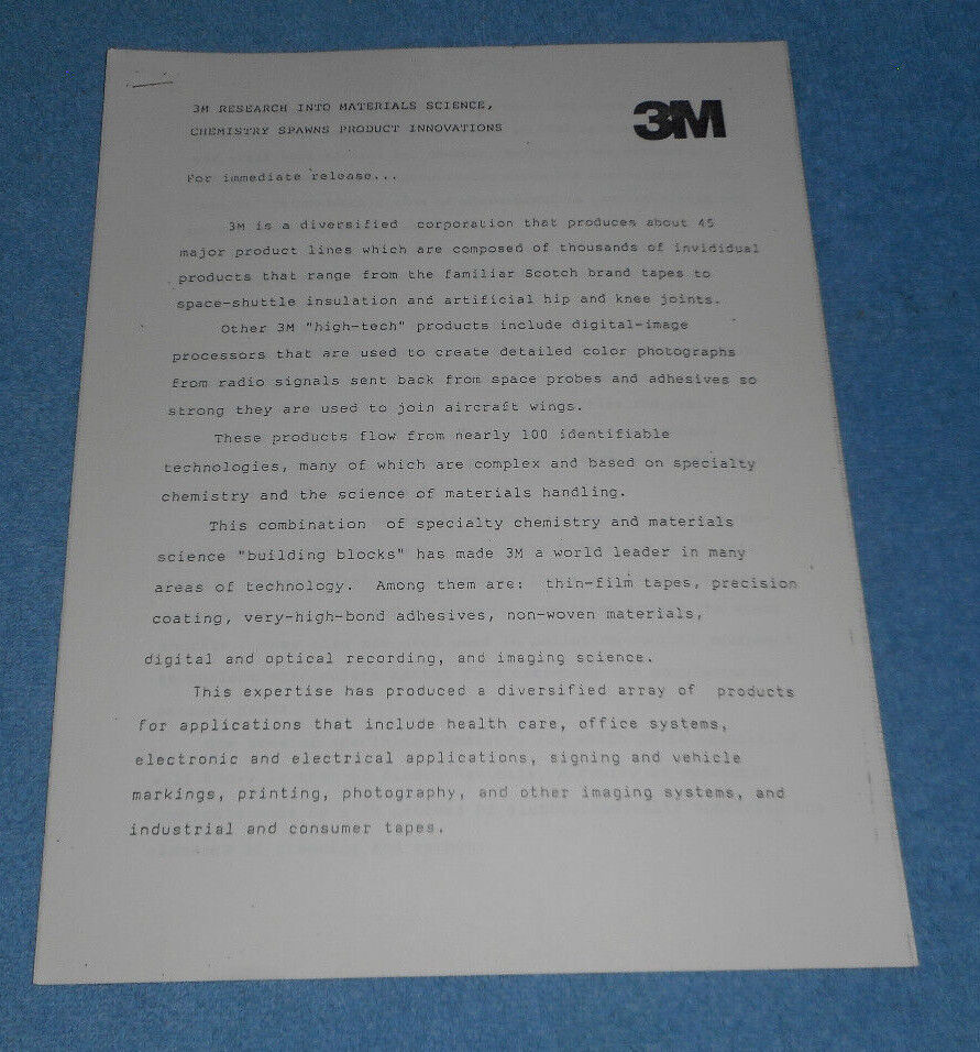 Circa 1980s 3M News Release Research Into Materials Science Chemistry NASA