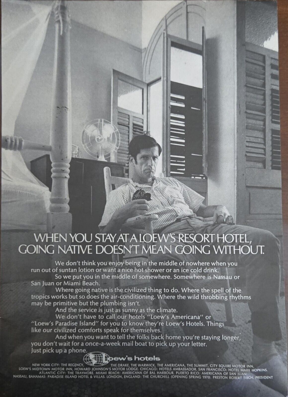 Loews Resort Hotels 1970 Vintage Print Ad Shabby Room Going Native