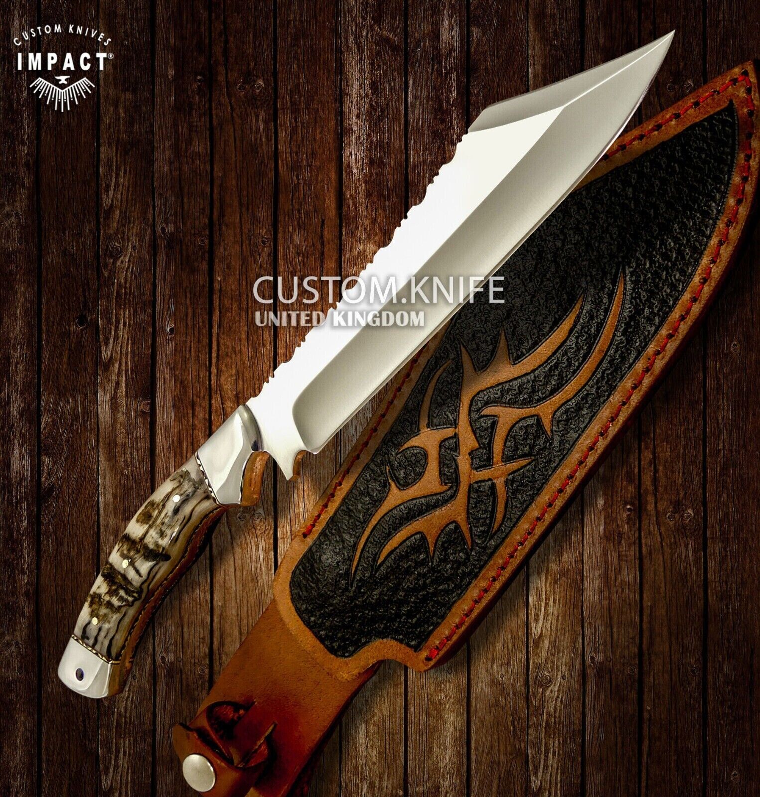 IMPACT CUTLERY RARE CUSTOM FULL TANG BOWIE KNIFE RAM HORN HANDLE- 1587