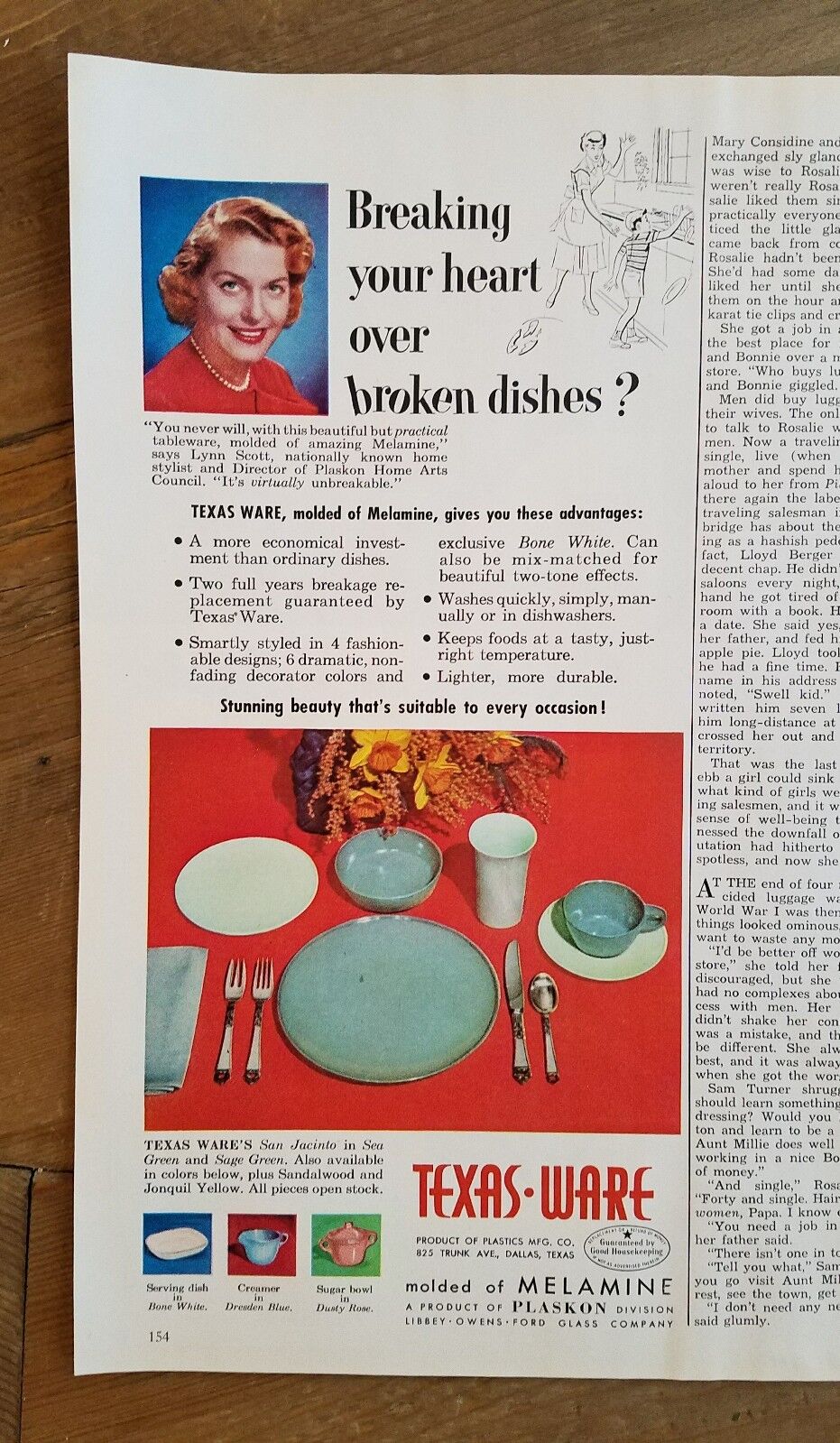 1953 Texas Ware dishes molded melamine product of plasmon ad