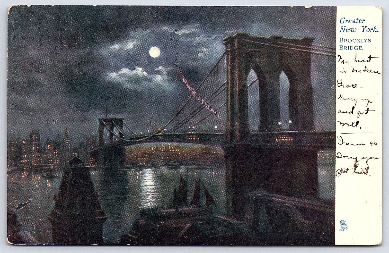 Vintage Postcard 1905 Brooklyn Bridge Hybrid Cable-Stayed Suspension New York NY