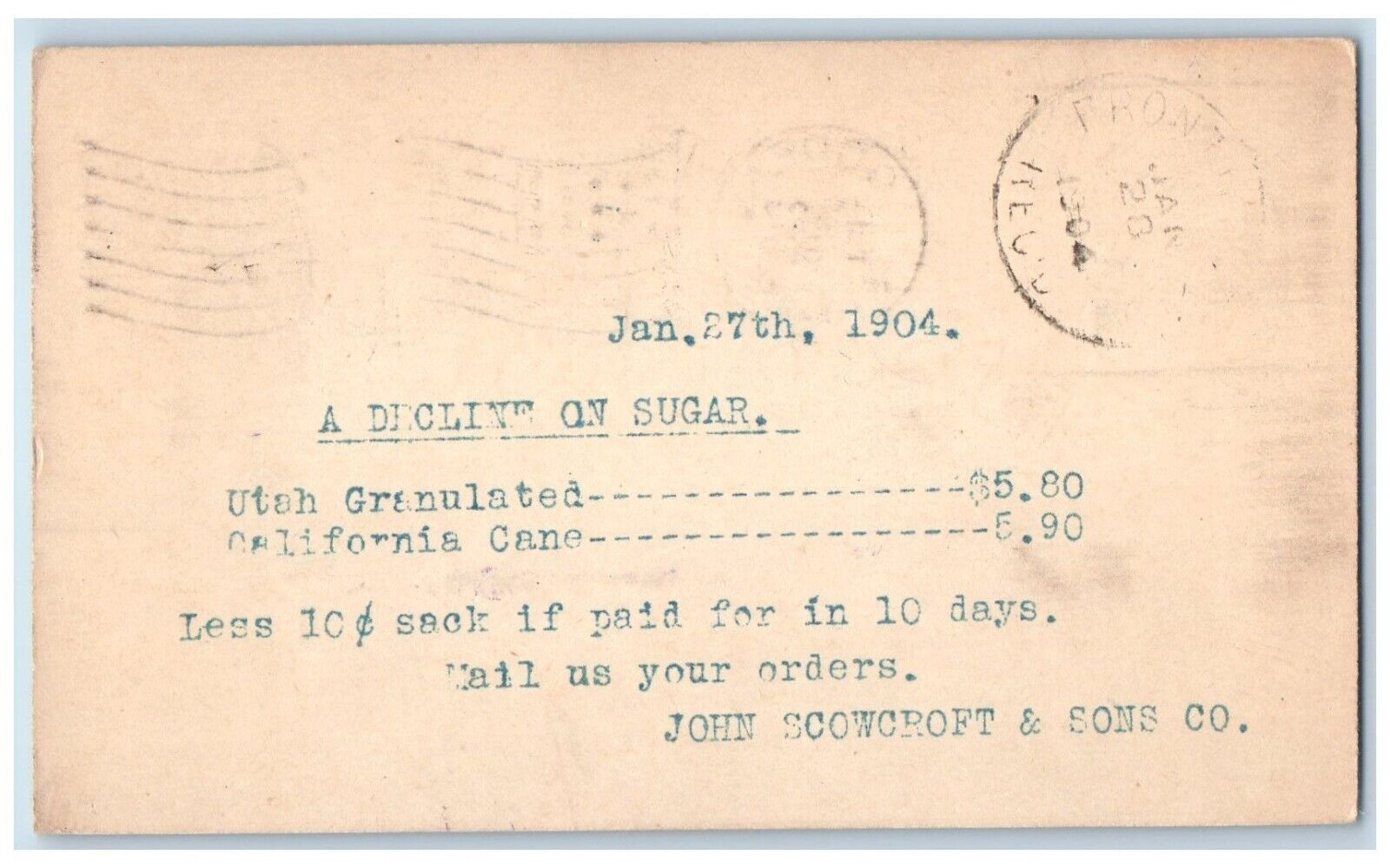 1904 A Decline On Sugar John Scowcroft & Sons Co. Ogden Utah UT Postal Card