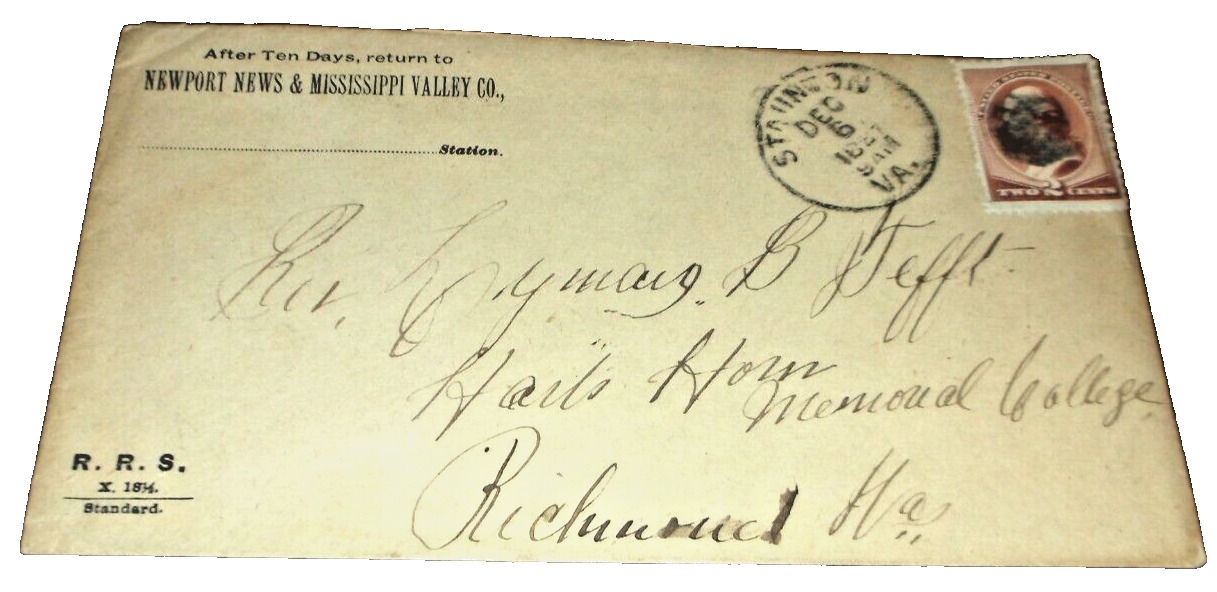 1887 NEWPORT NEWS & MISSISSIPPI VALLEY CHESAPEAKE & OHIO USED COMPANY ENVELOPE