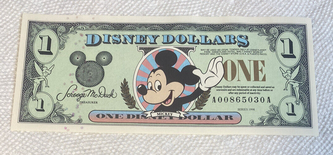 1998-AA Block. $1 Disney Dollar. Disneyland CU. From Original Pack.