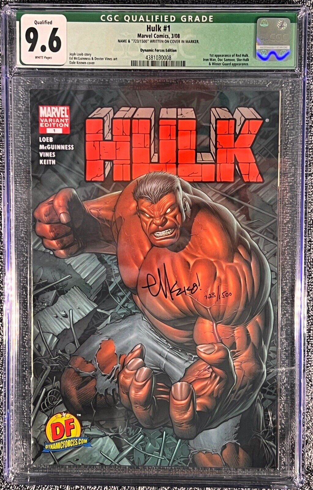 HULK #1 Dynamic Forces SIGNED ED MCGUINNESS w/ COA 1ST Red Hulk APP 2008 CGC 9.6