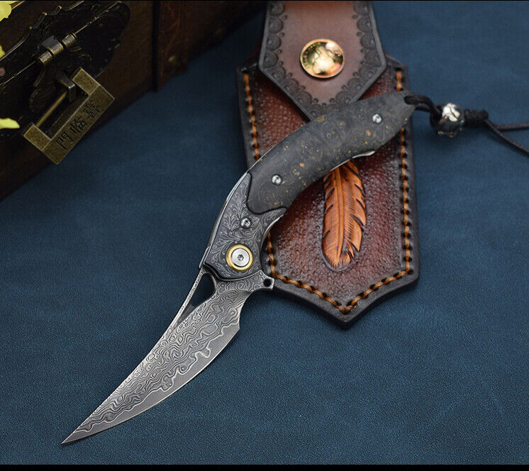7.5''New Fast Opening VG10 Damascus Blade Wood Handle Pocket Folding Knife VTF03