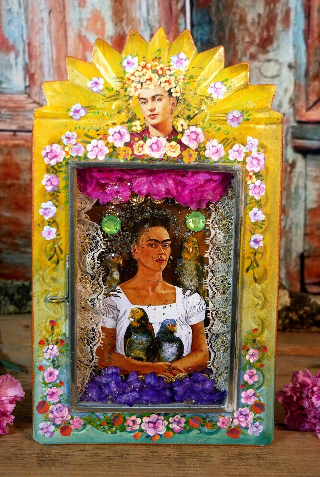 Tin Retablo Frida Kahlo & Her Pet Parrots Handmade Hand Painted Mexican Folk Art