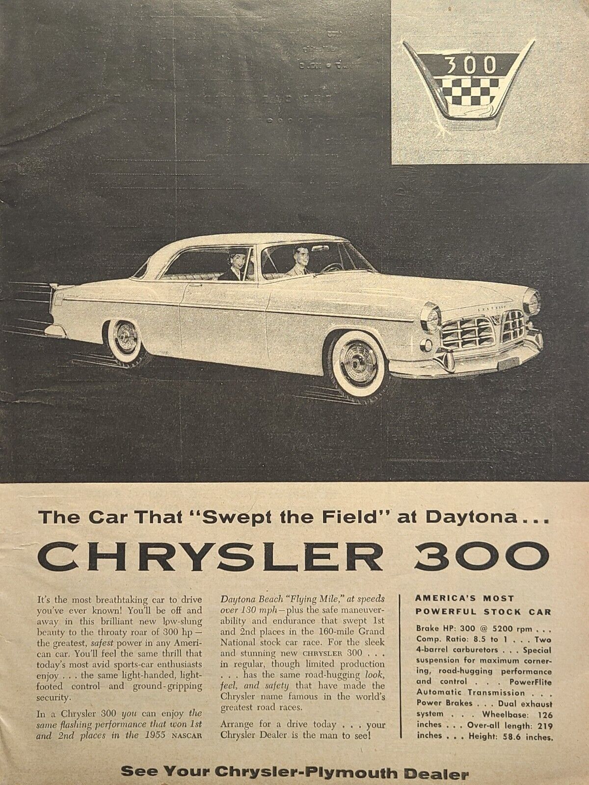 Chrysler 300 Swept the Field at Daytona Stock Car Race Vintage Print Ad 1955