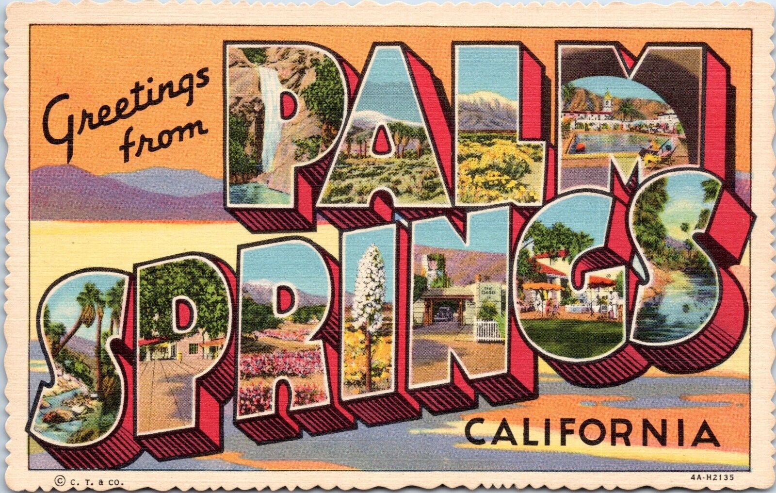 Large Letter Greetings, Palm Springs California- 1934 Linen Postcard Curt Teich