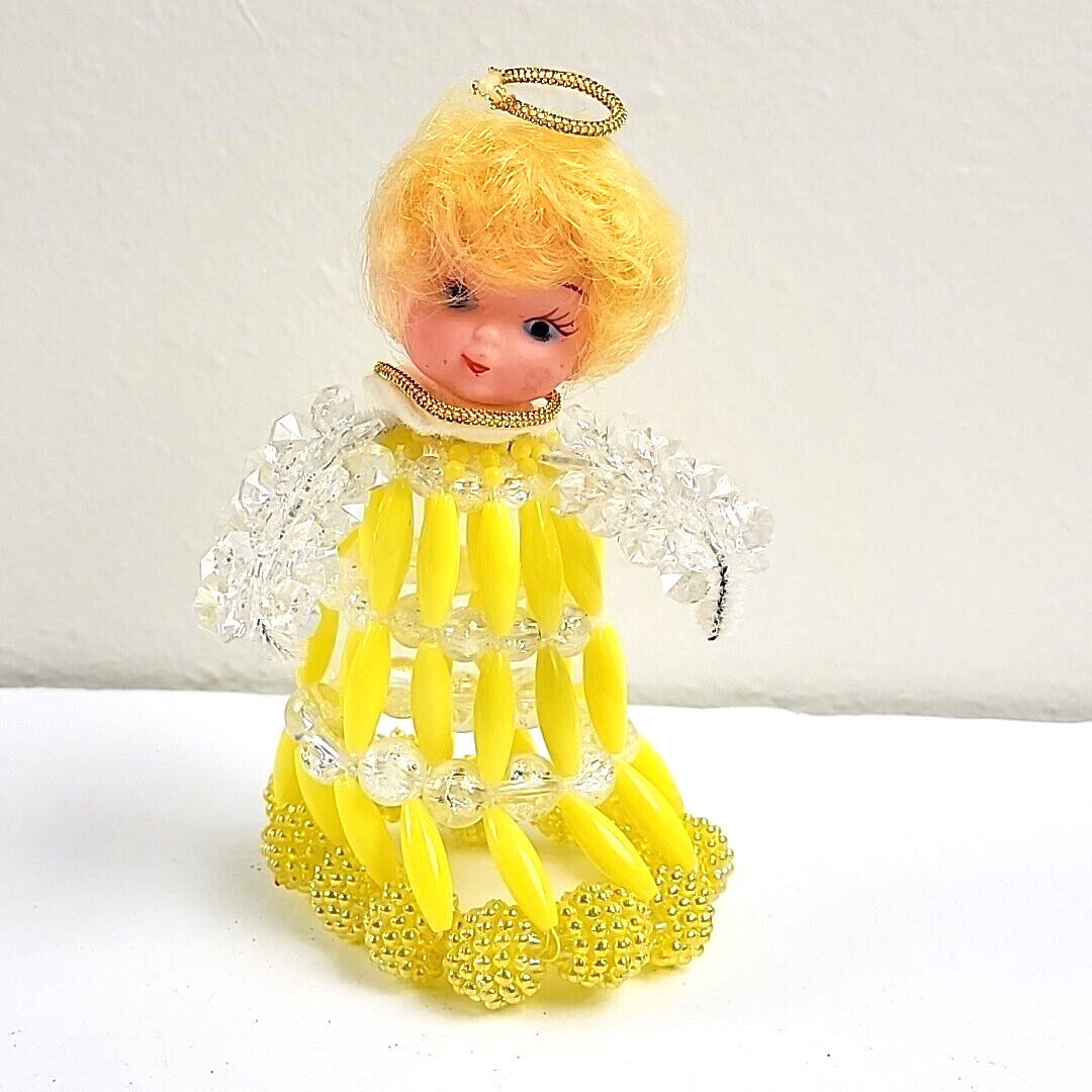 Vintage Handmade Beaded Christmas Angel Yellow 5 Inch Bead MCM Ornaments