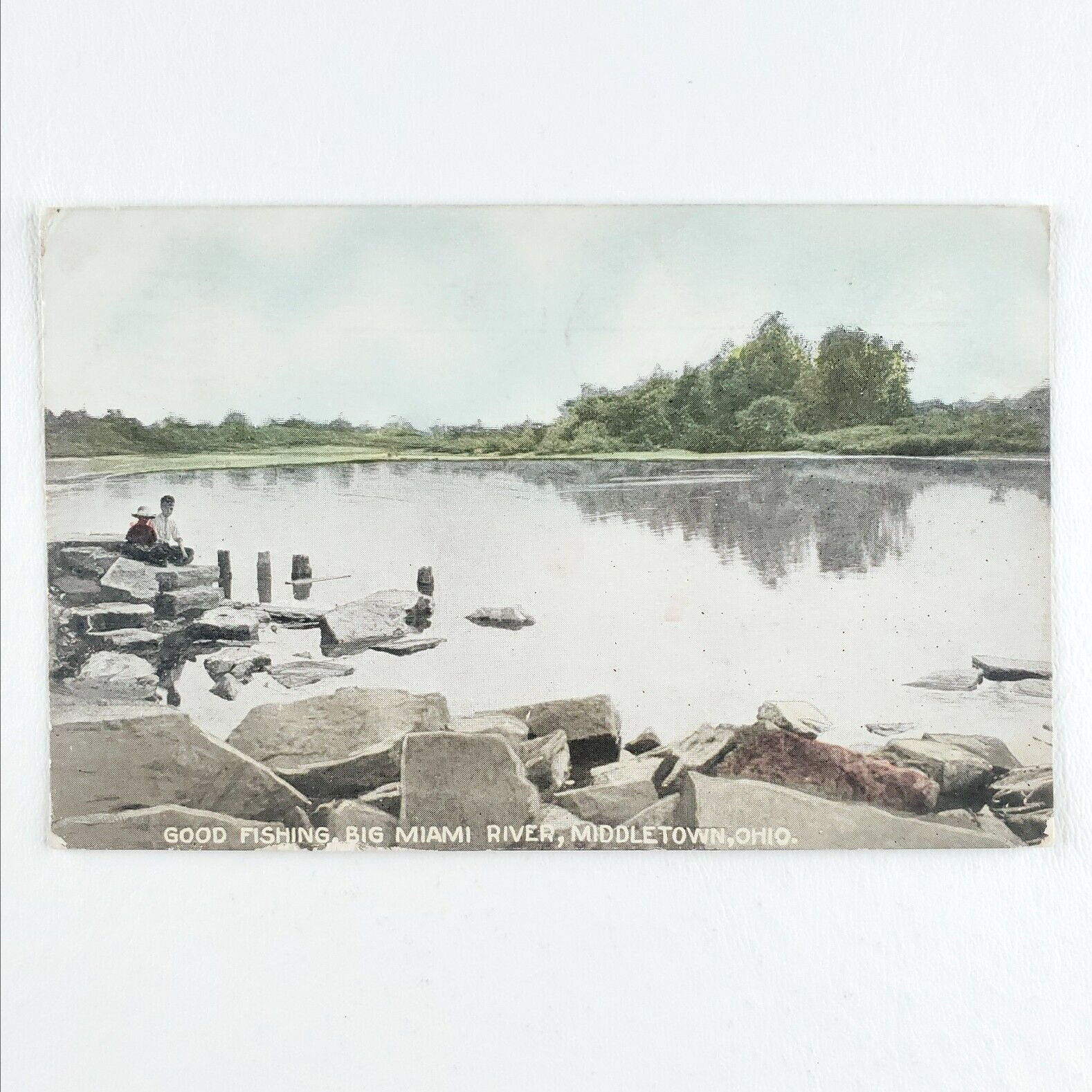 Great Miami River Fishing Postcard c1912 Middletown Ohio Children Rocks Art B712