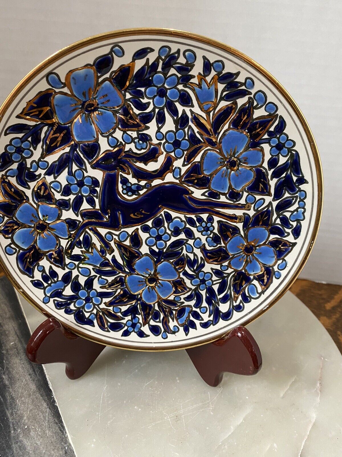 Vintage GREEK KERAMIKOS Handmade  Blue Wall Plate, 7”x7”
