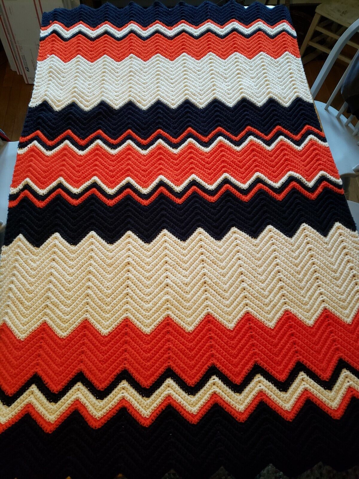 Vintage Crochetd/ Knitted Banket, 38 By 60, Orange, Black, And Cream