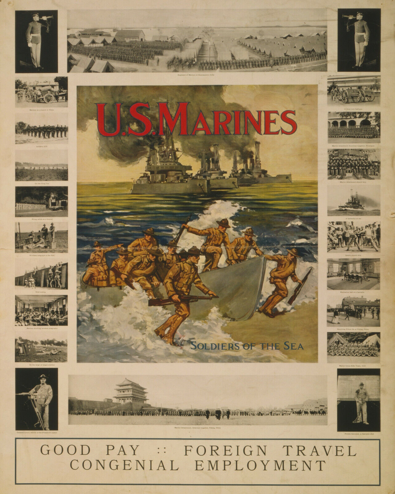 WW1 War Time Poster 11X14 Photo U.S. Marines Good pay - foreign travel