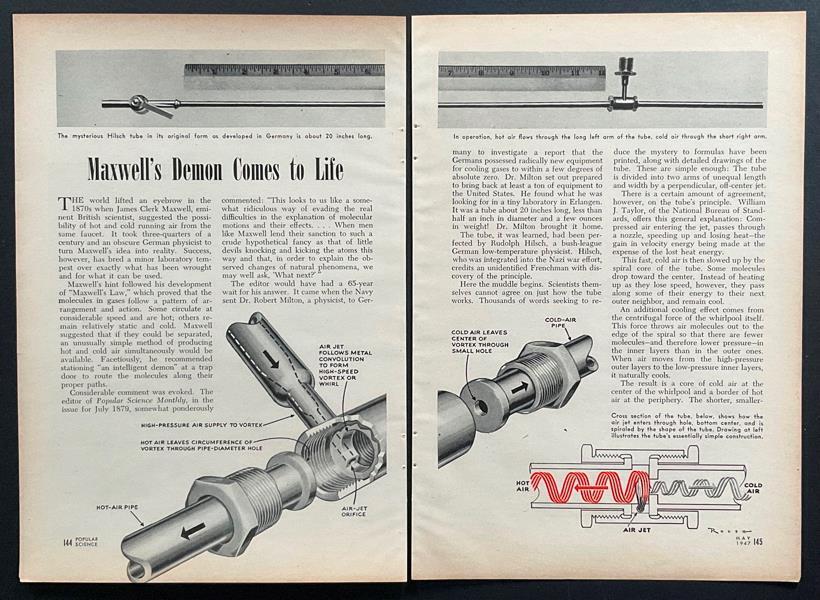 Hilsch Tube ~ Maxwell's Demon 1946 article Thermodynamics Info Vortex Tube