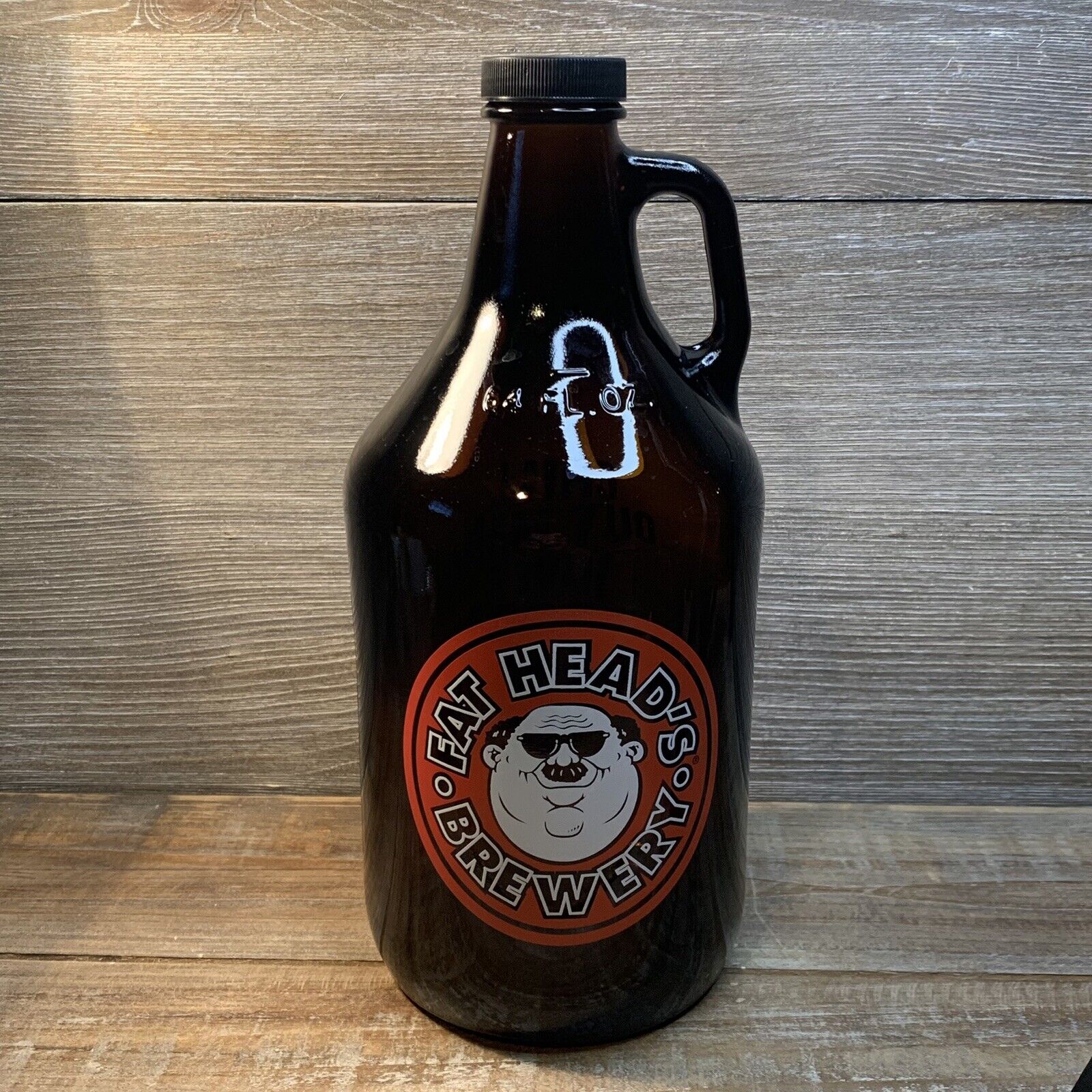 Fat Head's Brewery Glass Beer Growler 64 FL. OZ EMPTY Orange Black White (Clean)