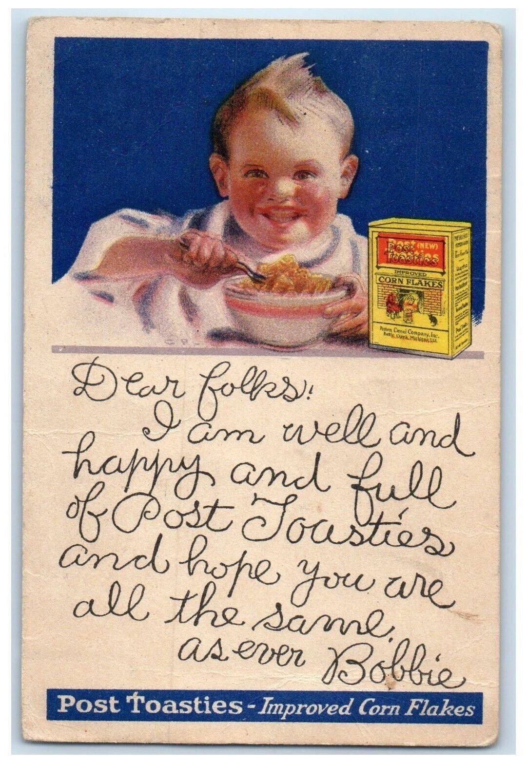 1923 Little Boy Eating Post Toasties Corn Flakes Hilbert Washington WA Postcard