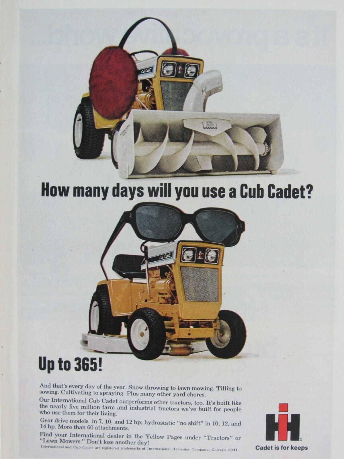 International Harvester Cub Cadet Vintage 1969 Sun & Snow Original Print Ad