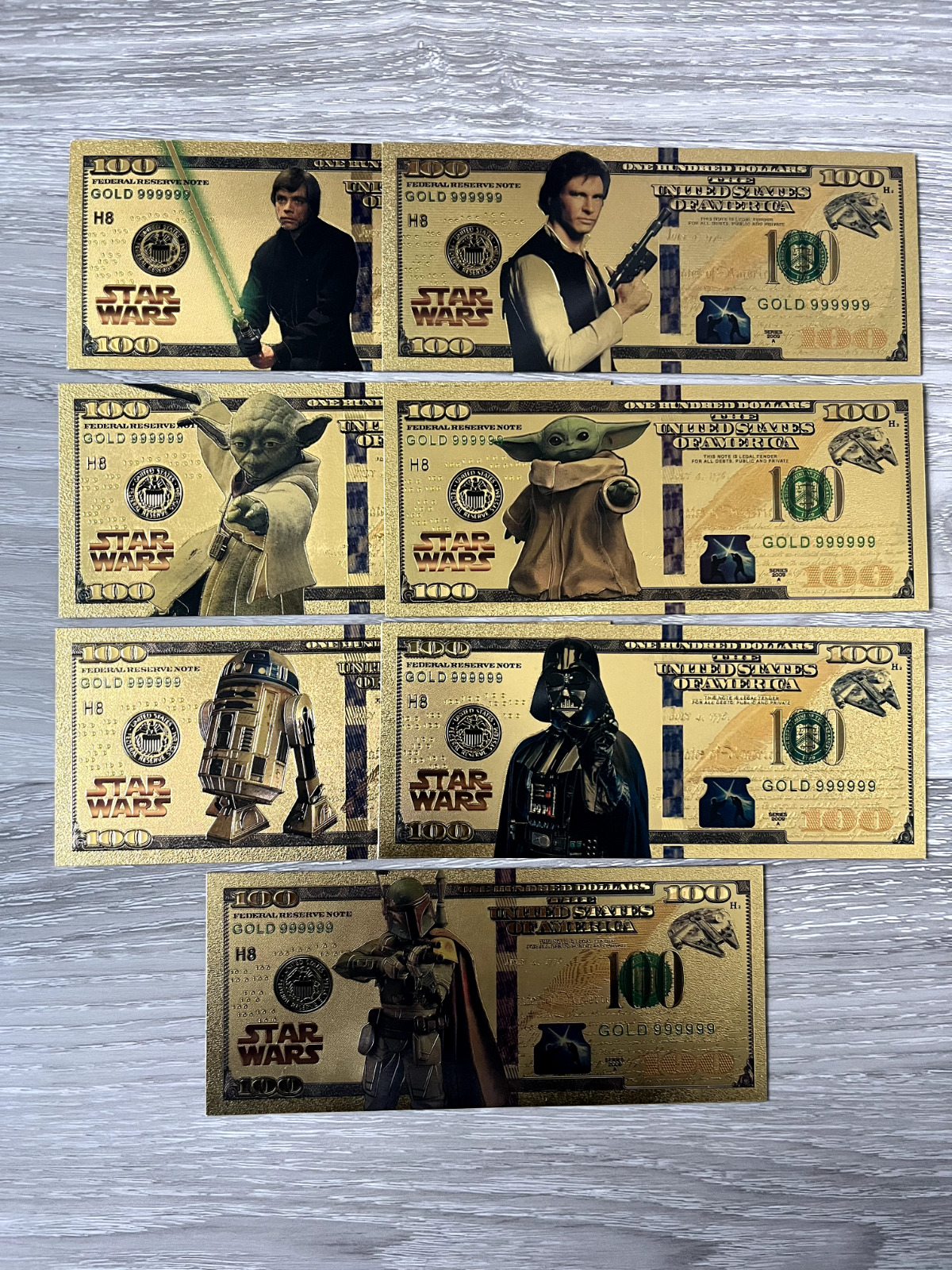 Star Wars Gold Foil Souvenir Mini Set -7 Notes - Darth Vader, Yoda, R2D2 & more