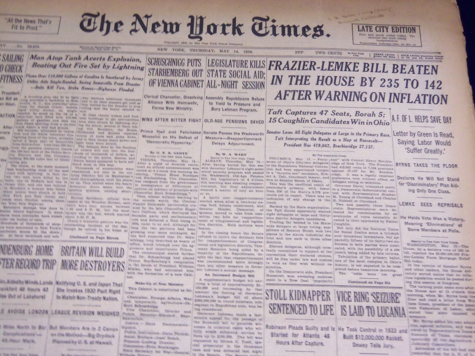 1936 MAY 14 NEW YORK TIMES - FRAZIER-LEMKE BILL BEATEN IN THE HOUSE - NT 2116