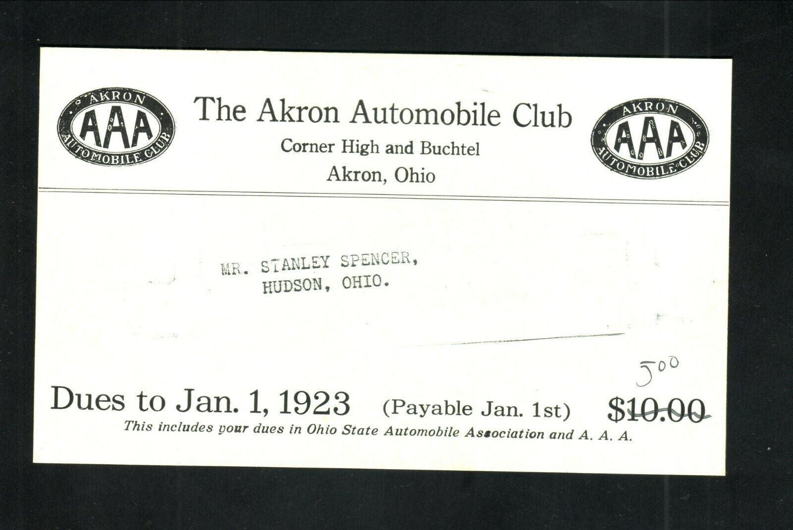 AAA--Akron Automobile Club--1923 Annual Dues Card Notice