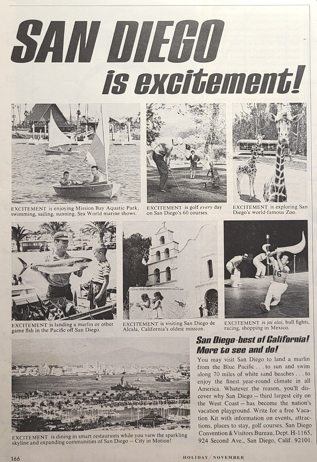 San Diego California Excitement Horse Racing Jai Alai Zoo Vintage Print Ad 1965