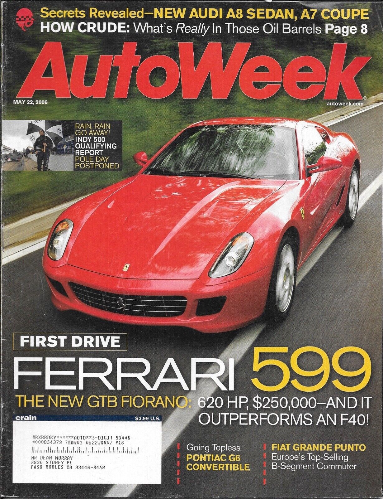 Autoweek Magazine May, 2006. Ferrari 599 GTB Fiorano, 1948 Packard Station Woody