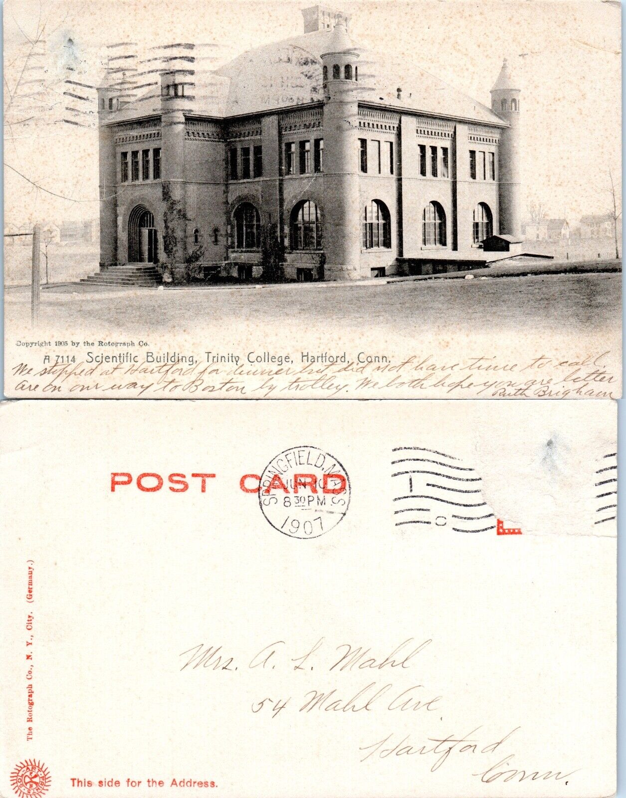 Scientific Building, Trinity College, Hartford CT Postmarked 1907 Undivided Back