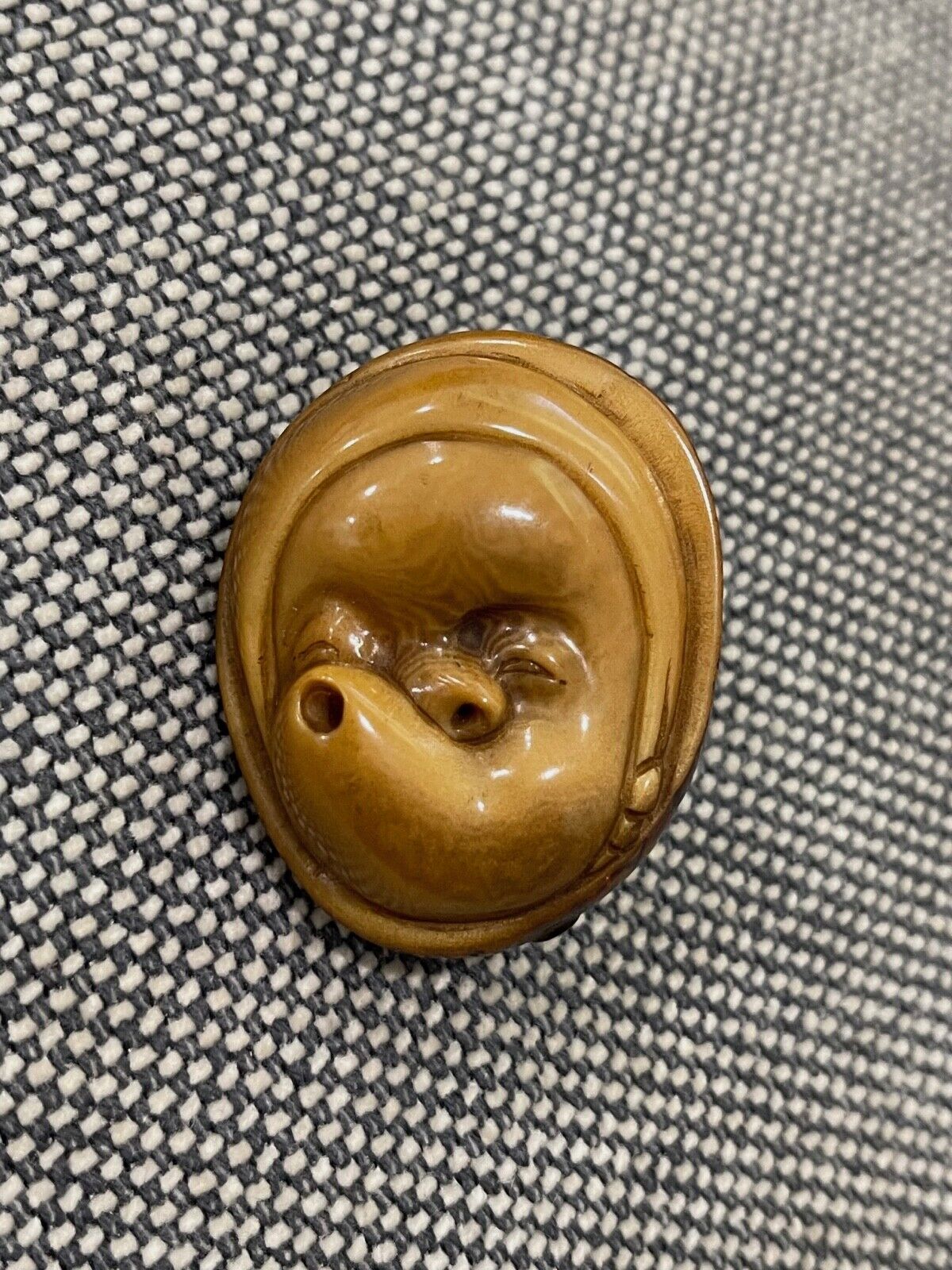 Japanese Signed Tagua Nut Carved Netsuke The Water Blower Face