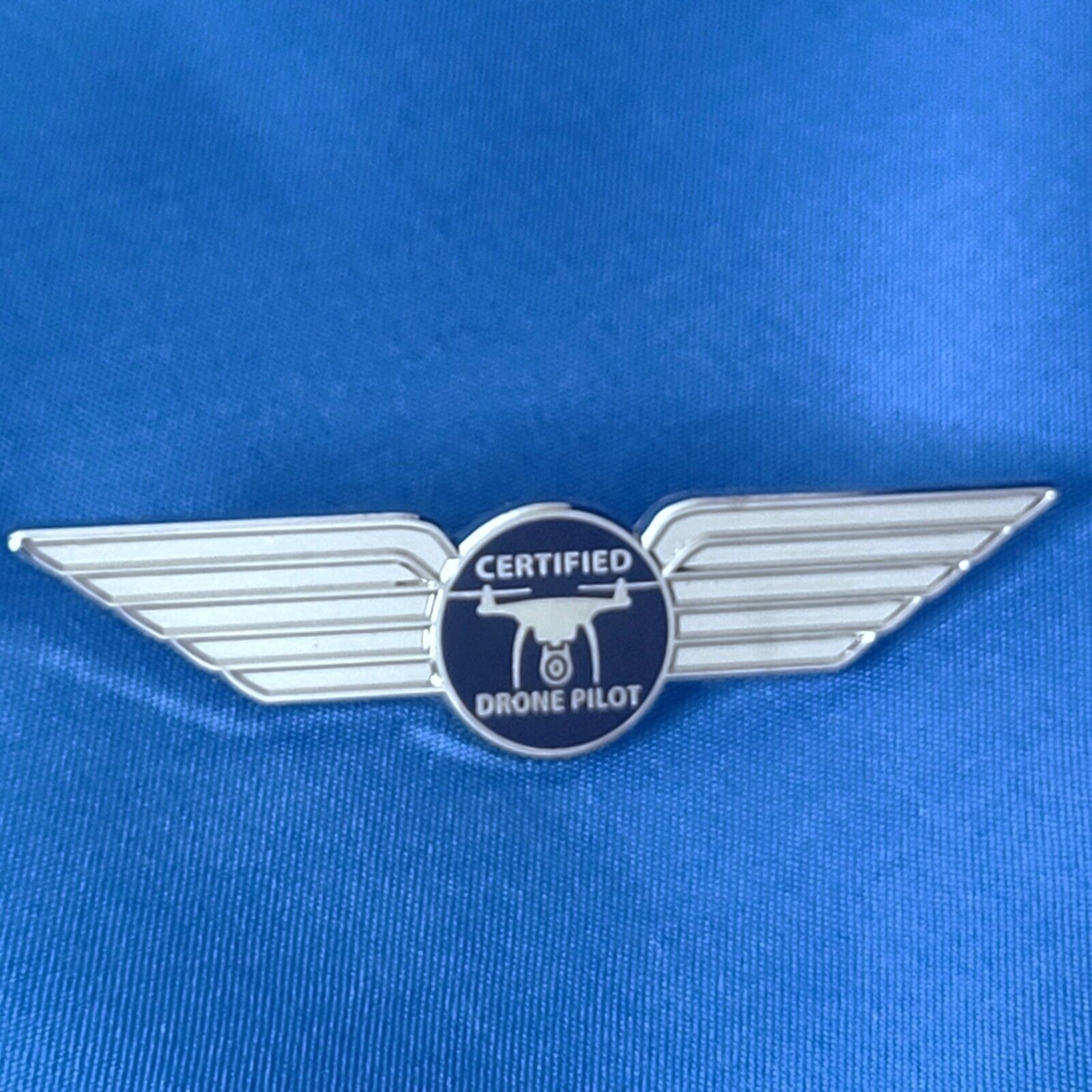 Certified Drone Pilot Wing Pin, Item #1502: Silver color plated finish