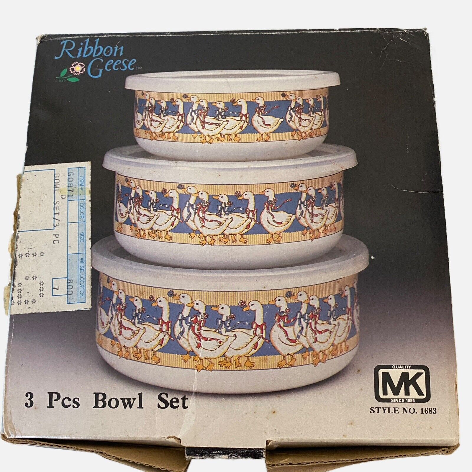 Kamenstein Ribbon Geese 1980s 3 Bowls Lids Porcelain Steel NOS Stackable Kitschy