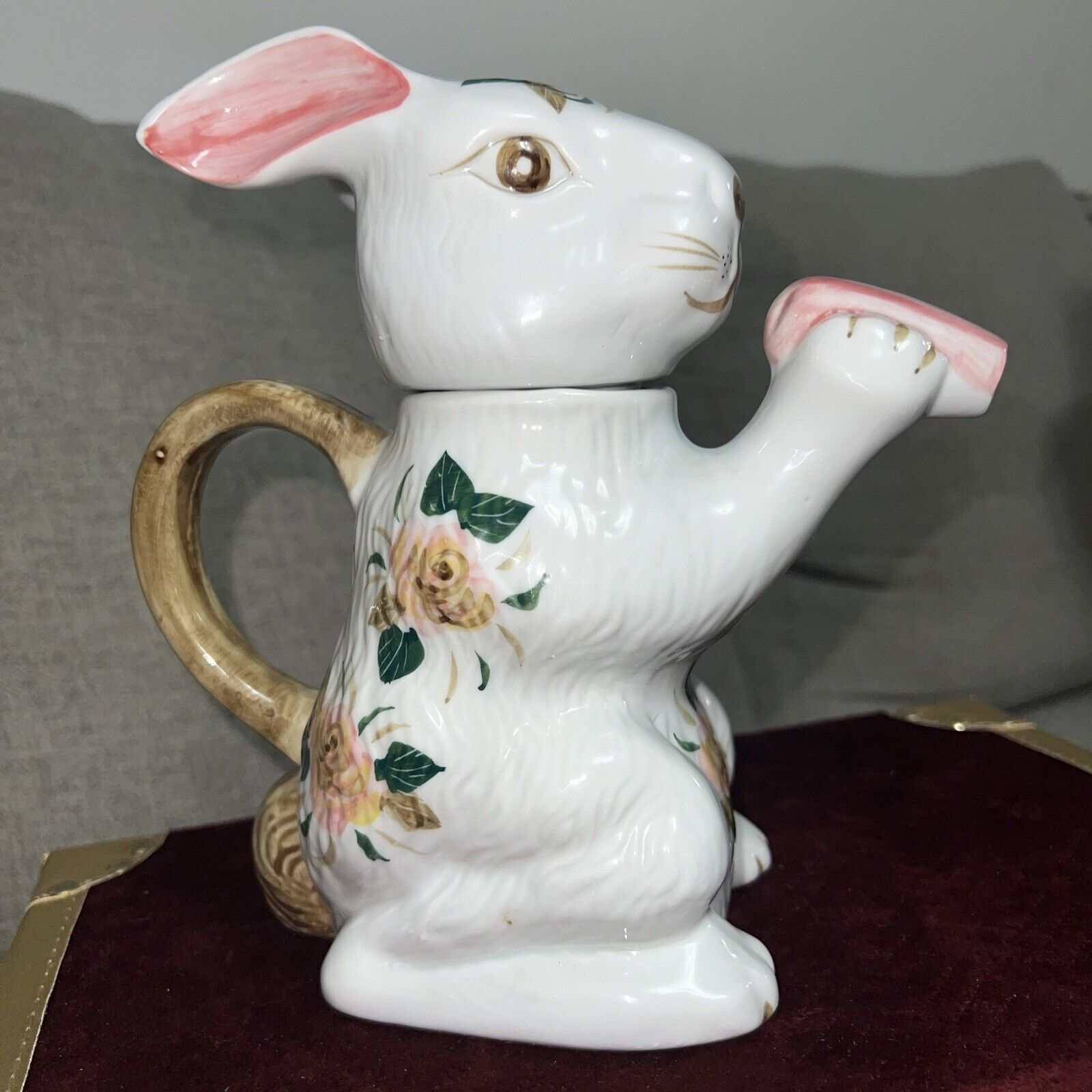 8” Hand Painted Rabbit With Flowers Tea Pot EUC