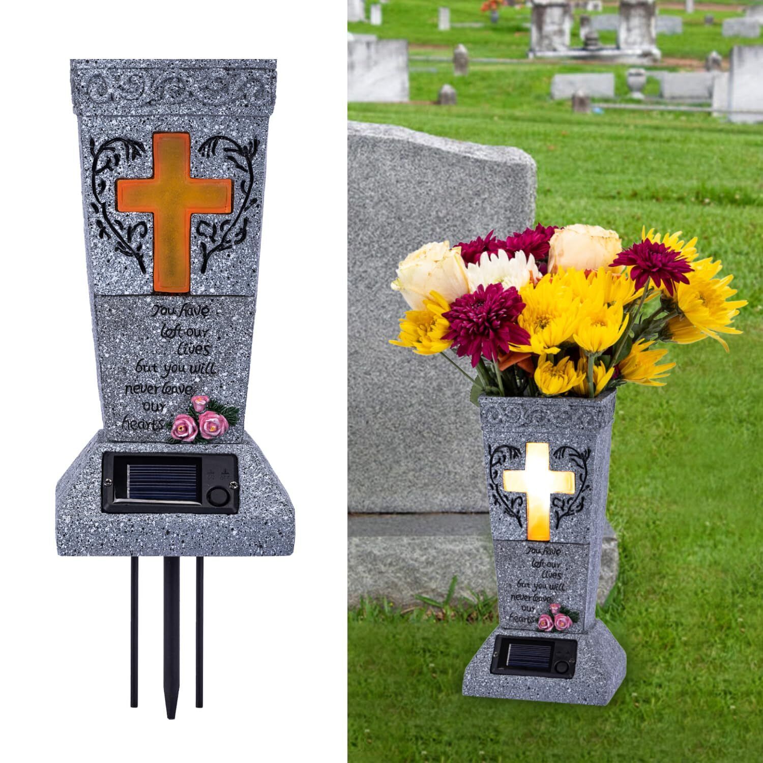 HUYIENO Solar Cemetery Grave Vase with LED for Fresh/Artificial Flowers Heads...