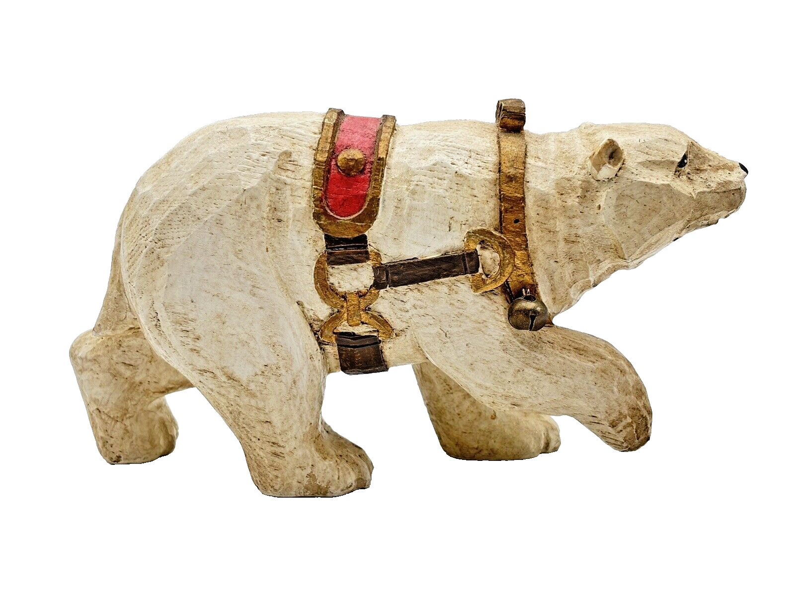 Polar Bear Figurine VTG with Harness Bells Composite Nordic Carved Christmas