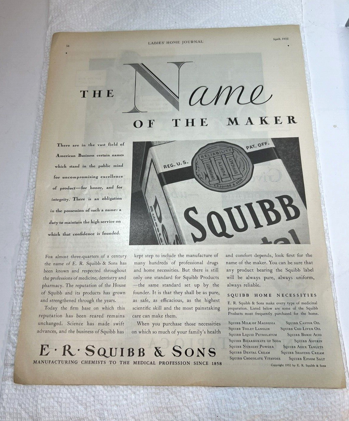 Print Ad 1932 Squibb the Name of the Maker Excellence Honor Integrity