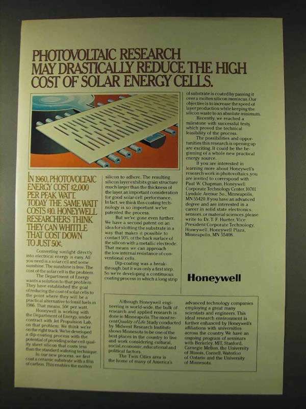 1979 Honeywell Photovoltaic Research Ad - Solar Cells