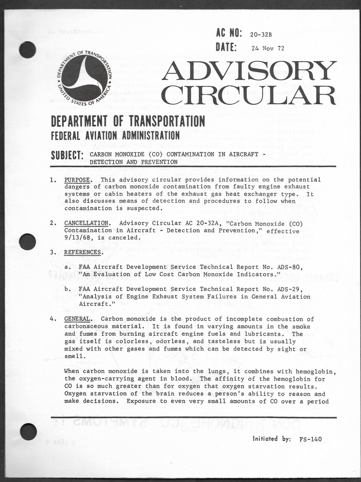 FAA - Advisory Circular - Carbon Monoxide Contamination in Aircraft 1972