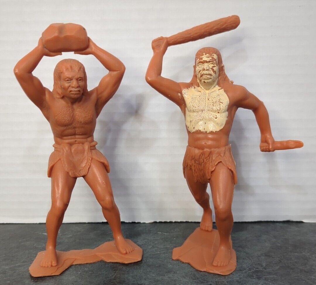 Neanderthal CAVEMAN Plastic Figures Club Rock 1964 Rusty Orange Vintage Marx 2