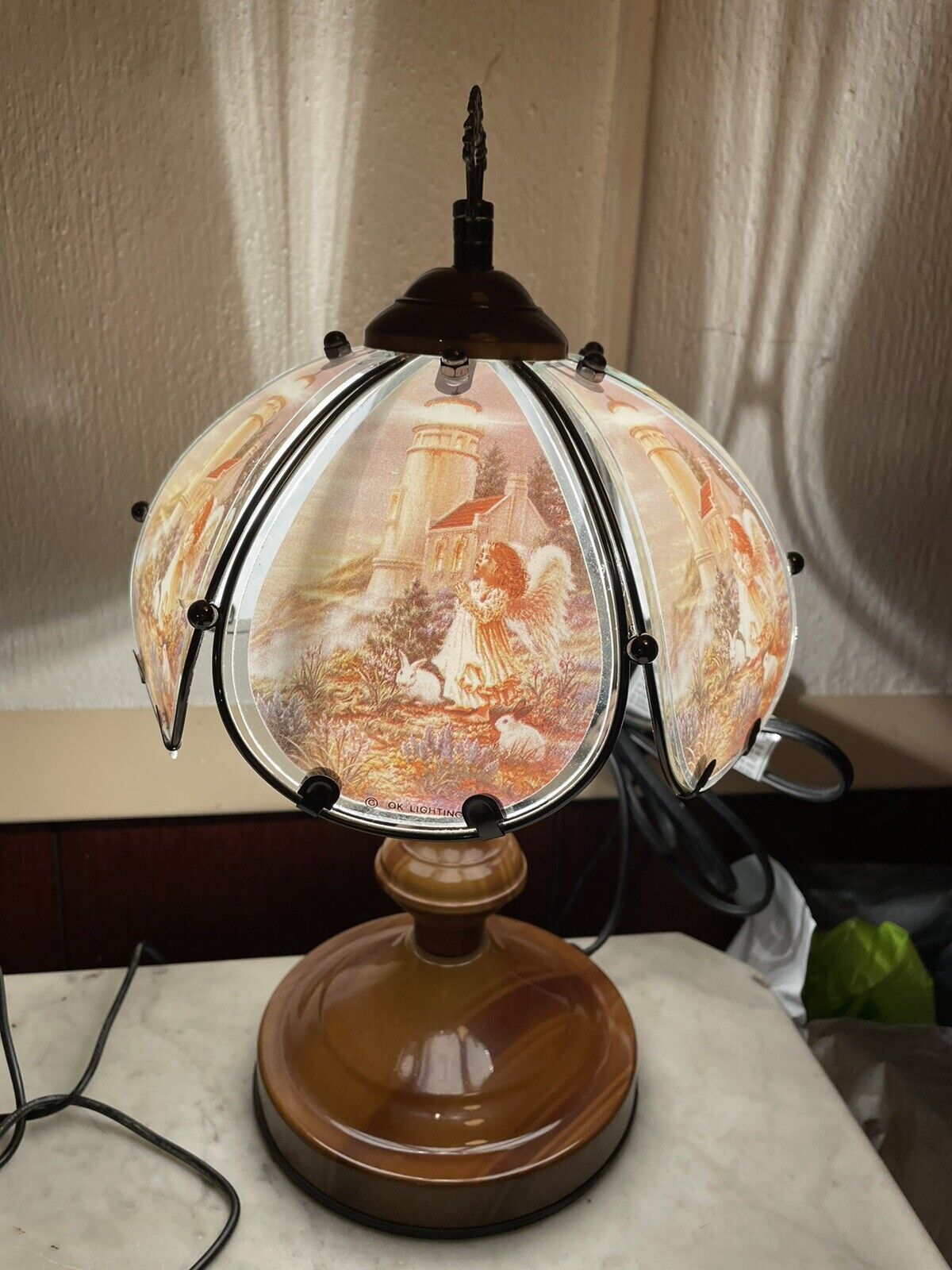 VTG Glass Touch Lamp Vanity Table Sensitive Light Angel Child Bunnies Lighthouse