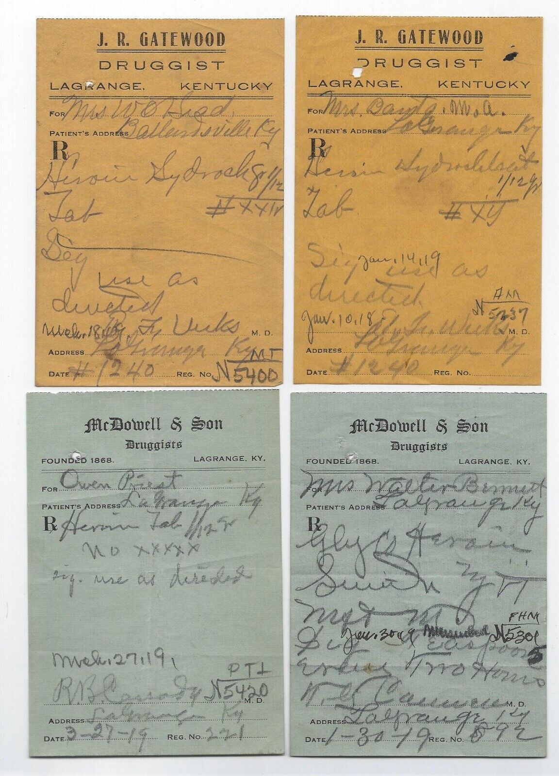 (4) 1918, 1919 Heroin Prescriptions - La Grange KY Druggists - Some Spanish Flu