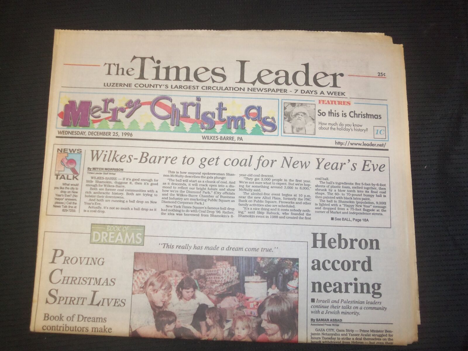 1996 DECEMBER 25 WILKES-BARRE TIMES LEADER - HEBRON ACCORD NEARING - NP 7600