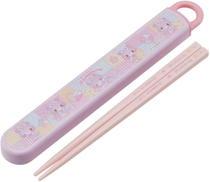 JAPAN Sanrio Mewkle Dreamy Pink White Chopsticks + Chopstick Box Case Set Skater
