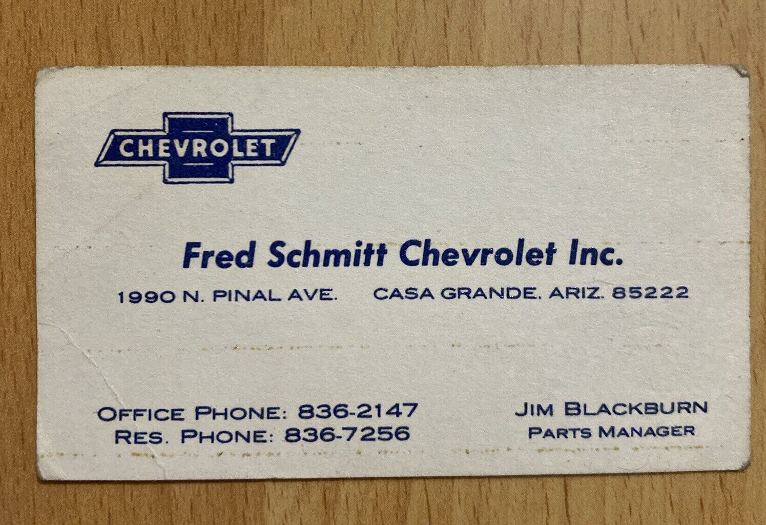 Vintage Business Card Fred Schmitt Chevrolet Casa Grande Arizona Car Dealership