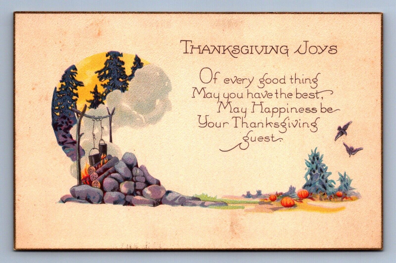Postcard Vintage A Happy Thanksgiving Joy Celebration Holiday Campfire Pumpkin