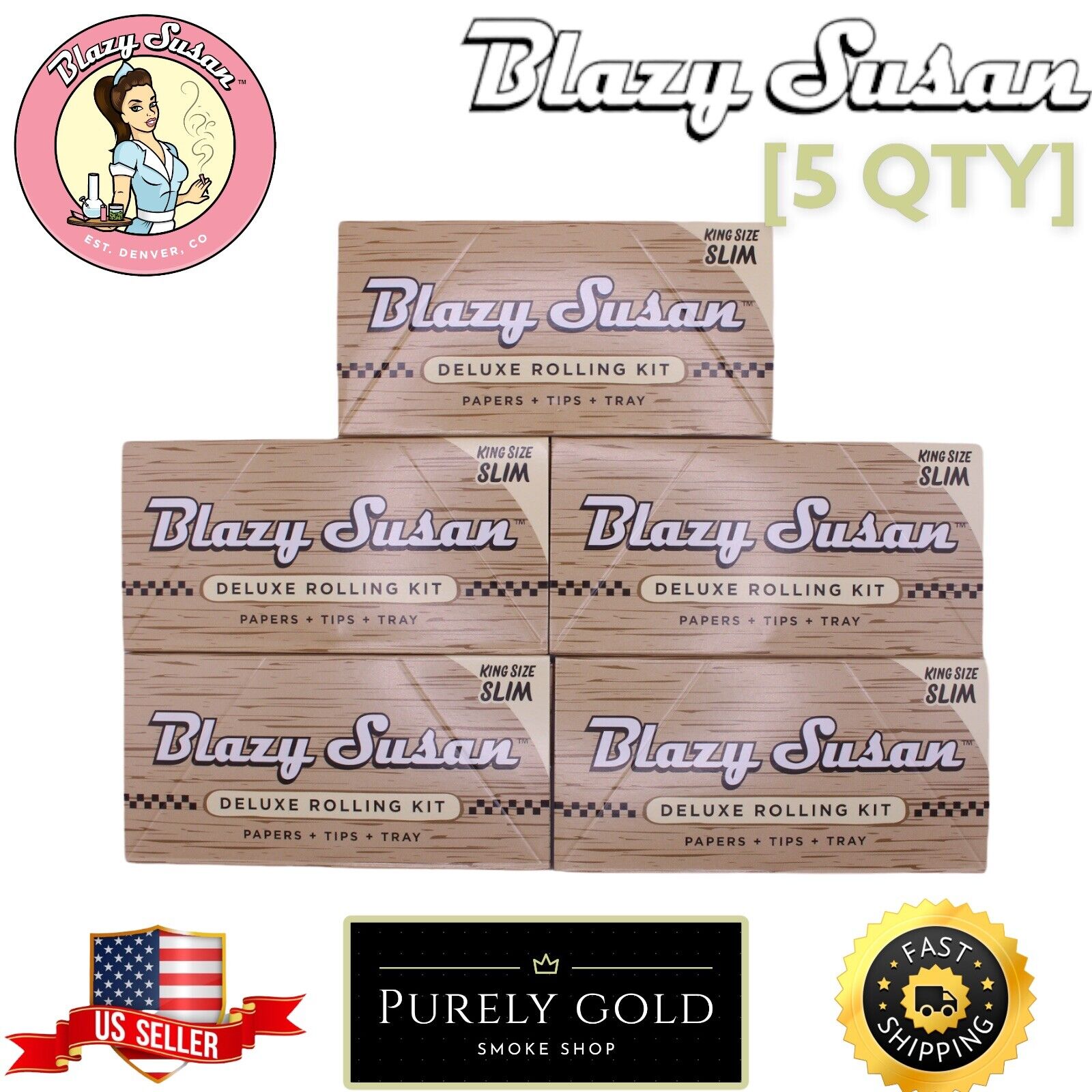 5X  Blazy Susan Deluxe Rolling Kit Set (King Papers, Filters & Tray) 5 Booklets