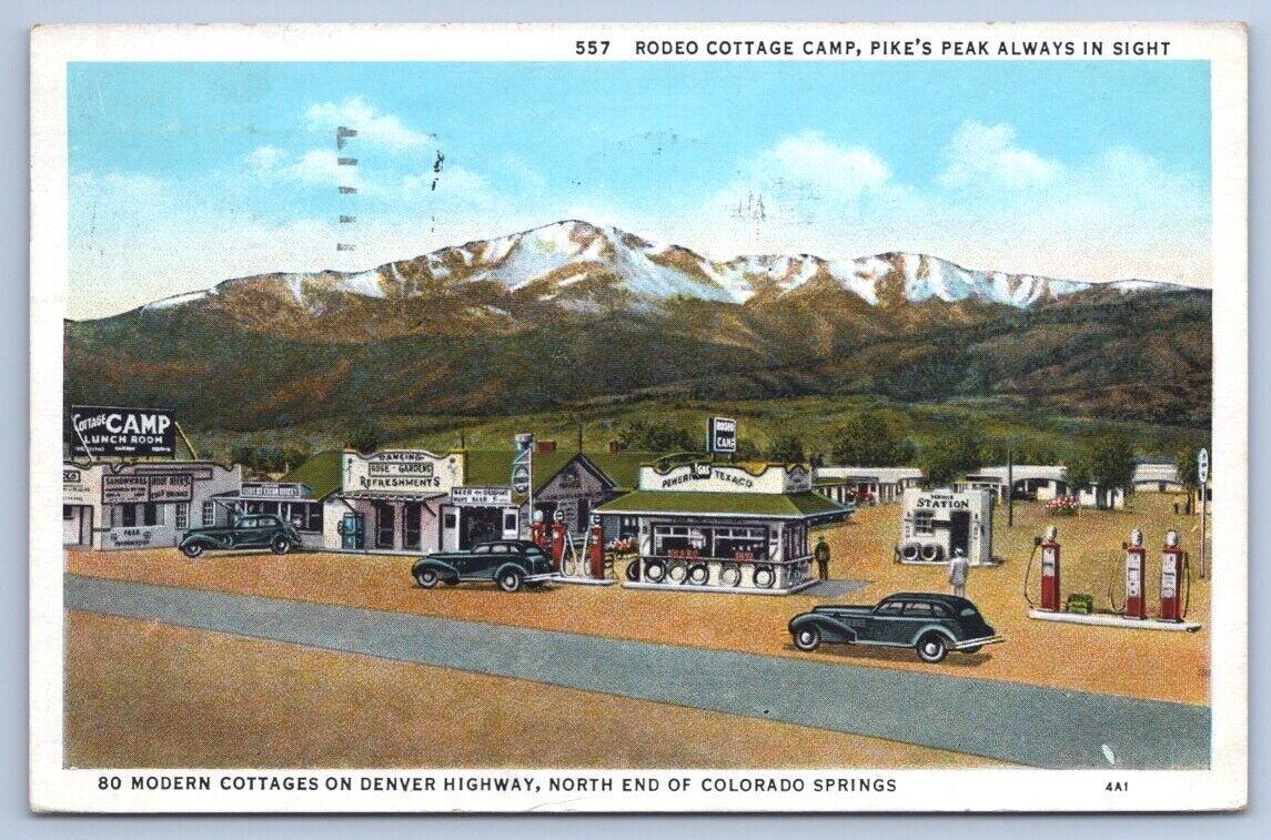COLORADO SPRINGS COLORADO CO Rodeo Cottage Camp Pikes Peak Gas Station Postcard