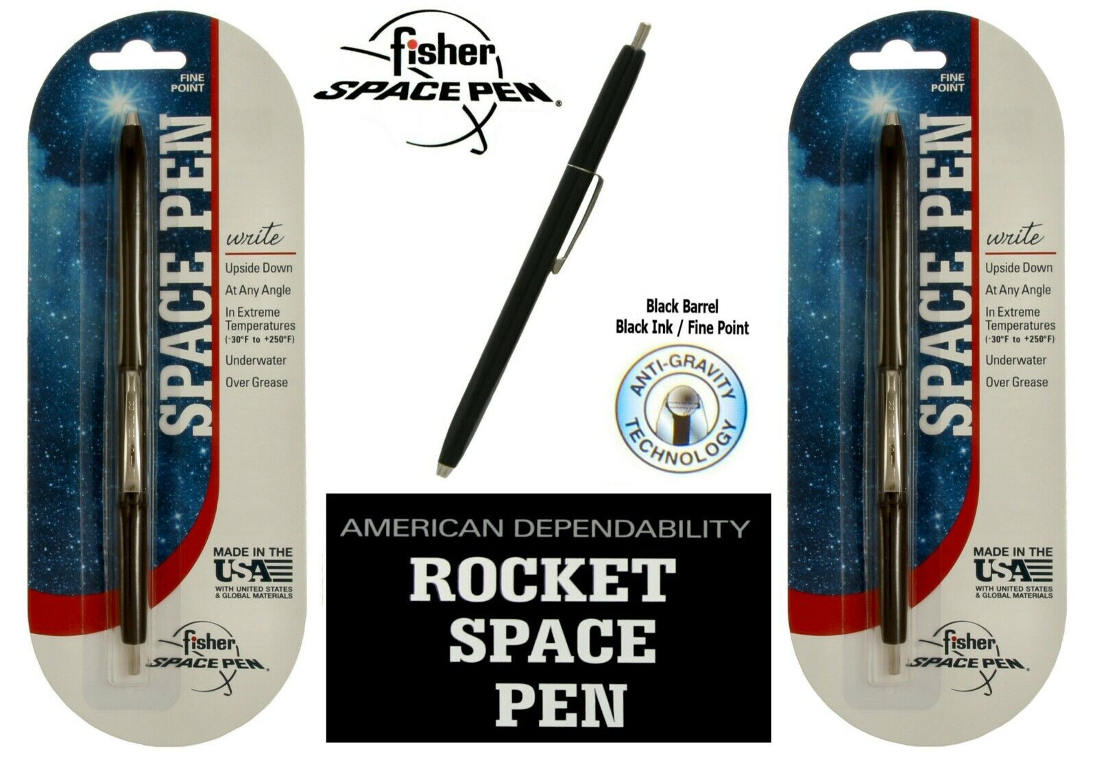 Two (2) New Fisher Space Pens #SPR84 / Black Rocket Pens With Black Ink